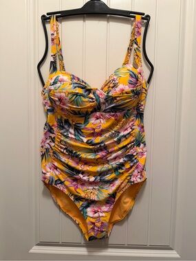 Tropical Ruched One-Piece Swimsuit - Yellow Floral